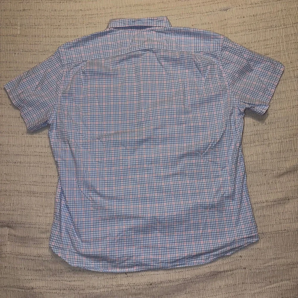 J.Crew‎ Flex Mens XL Short Sleeve Button Down Shirt Blue Pink Gingham Plaid XL